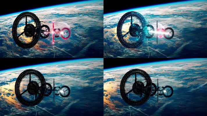 发光粒子和线框对环绕地球运行的空间站