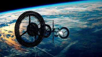 发光粒子和线框对环绕地球运行的空间站