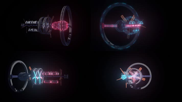 彩色发光粒子外星空间站的3d全息扫描无缝