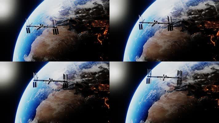 国际空间站绕地球运行的渲染模型4K