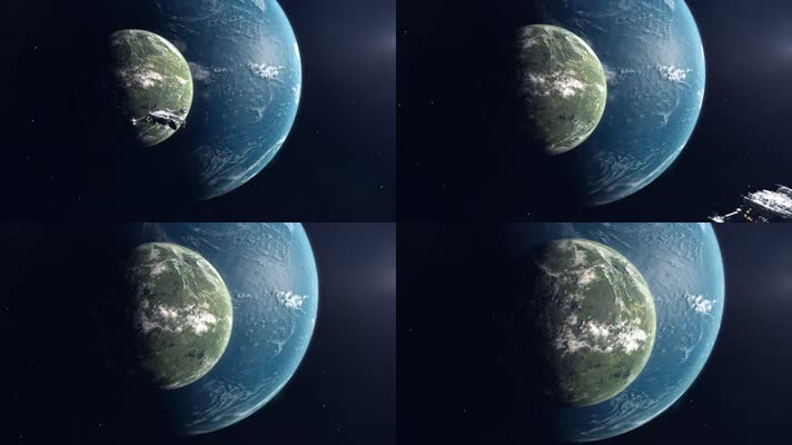 大型宇宙飞船接近巨大的海洋行星和绿色月亮