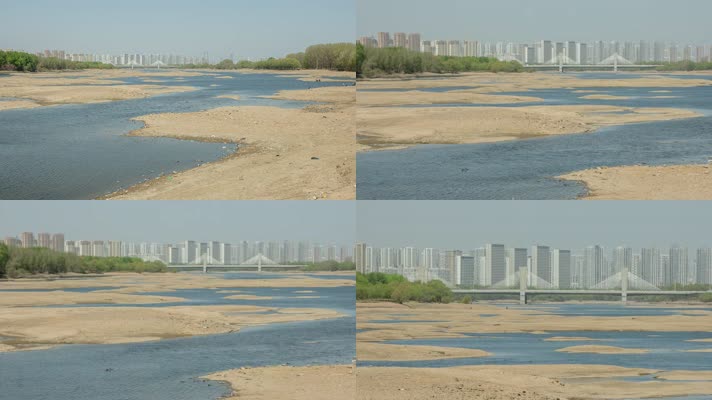 河流干旱枯水期城市建筑桥梁