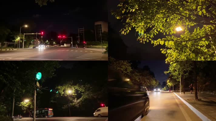 城市深夜 人行道红绿灯 公交路灯