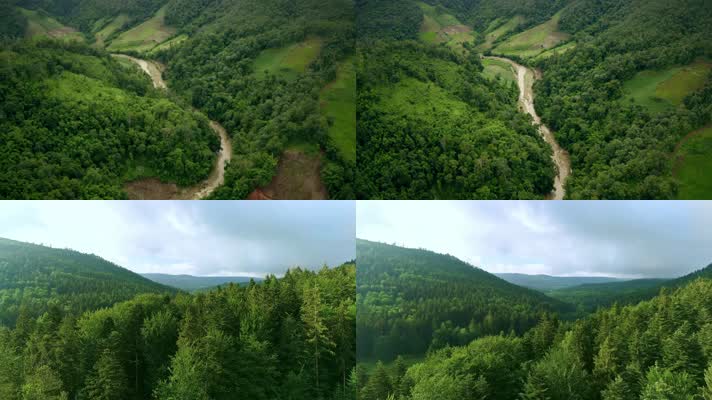 航拍森林山谷蜿蜒的山路