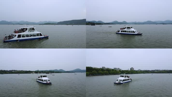 0100高清4k航拍杭州西湖游船环绕拍摄