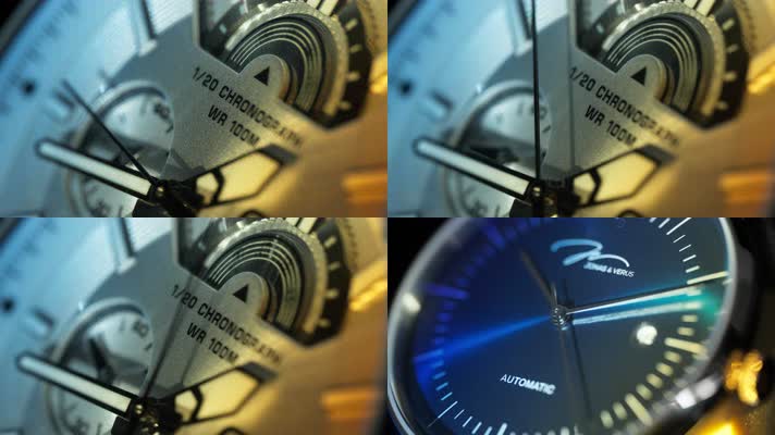 彩虹灯光机械手表时钟指针微距特写