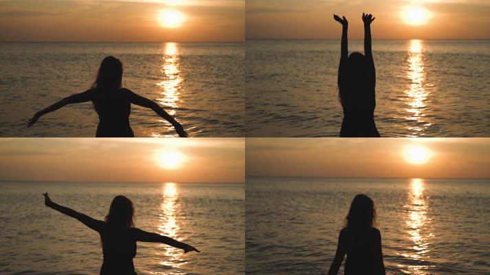 美女海边向着太阳张开双手
