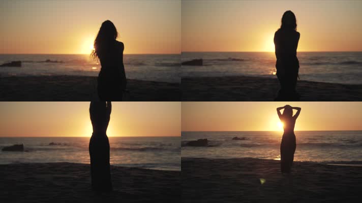 美女迎着太阳在海边起舞