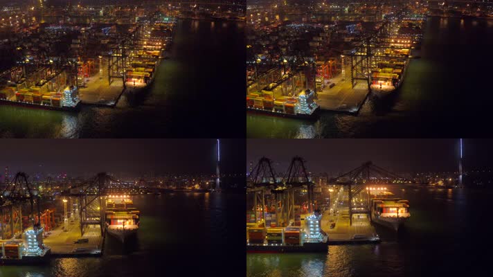 4K航拍货运港口码头集装箱运输加班工作