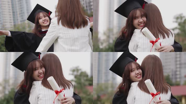 女孩穿着毕业礼服拿着毕业证书和老师拥抱