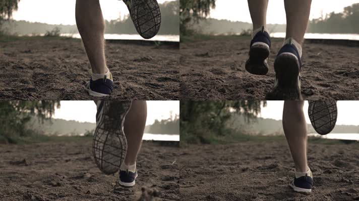 慢动作跑步、在沙质湖边跑步