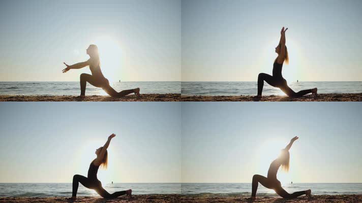 女人清晨在海边练习瑜伽