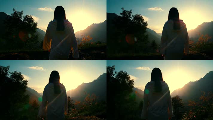 日落黄昏、山间女孩背影