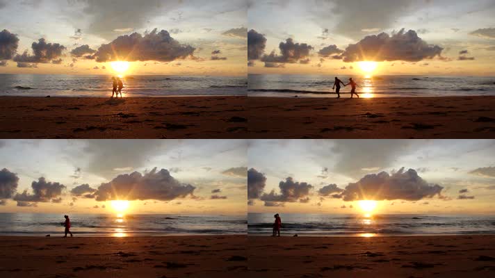 日落夕阳、情侣走在海边