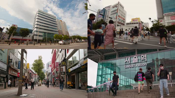 韩国首尔城市街道行人佩戴口罩新冠病毒