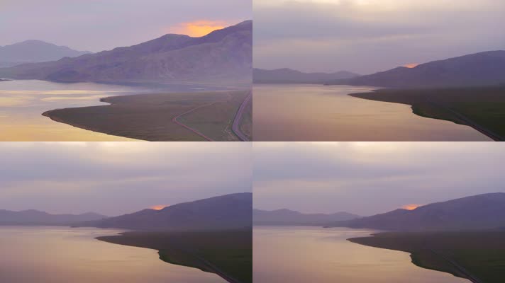 4K航拍新疆赛里木湖晚霞日落自然美景