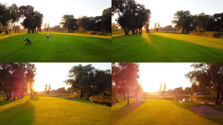 日落黄昏、男人打高尔夫球