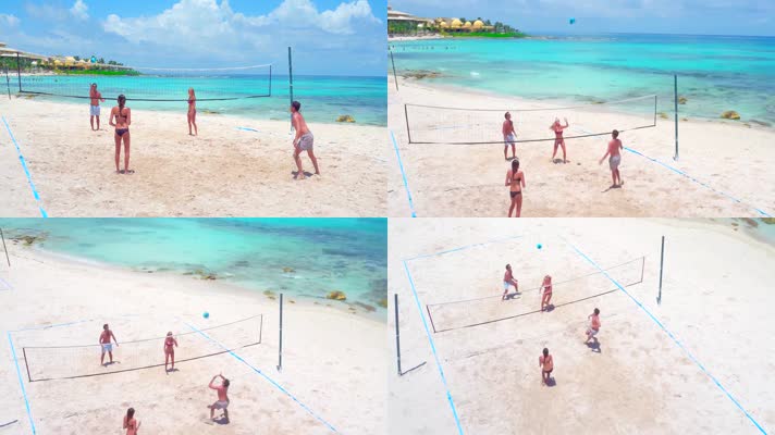 一群朋友玩沙滩排球