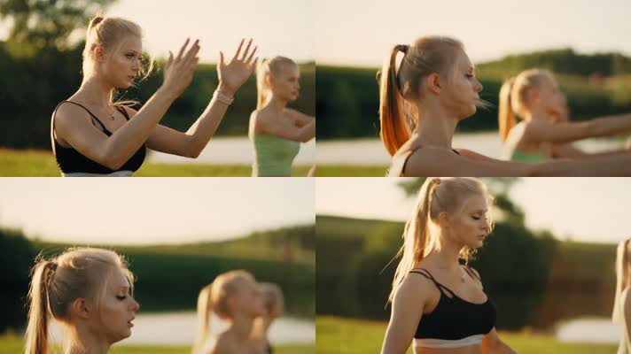 夏季早晨在户外跳健身操的美女小组-瑜伽、