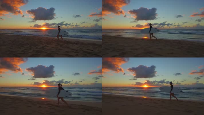 年轻女孩拿着冲浪板在沙滩上奔跑