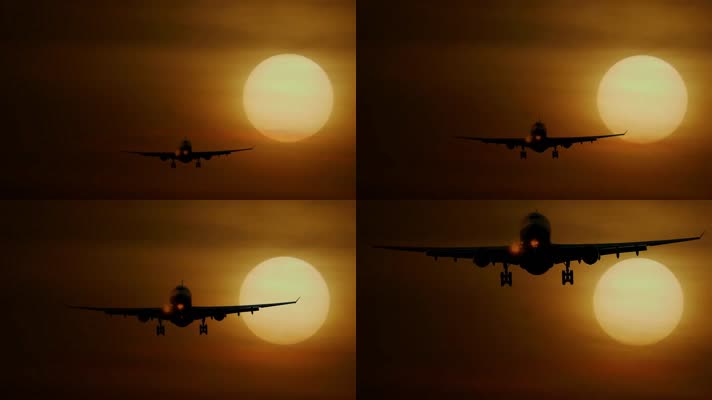 夕阳背景下飞机降落、飞机着陆、飞机划破长