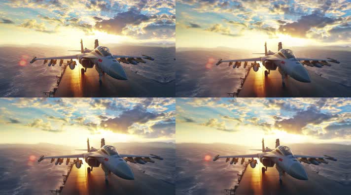 4k战斗机起飞降落夕阳唯美创意素材