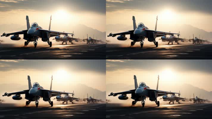 4k战斗机起飞降落夕阳唯美创意素材