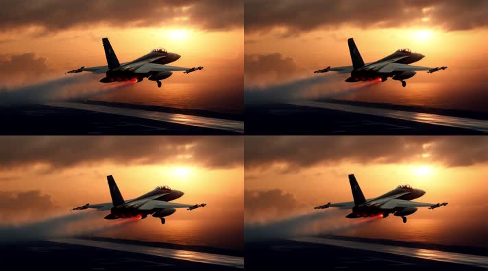 4k战斗机起飞降落夕阳唯美创意素材