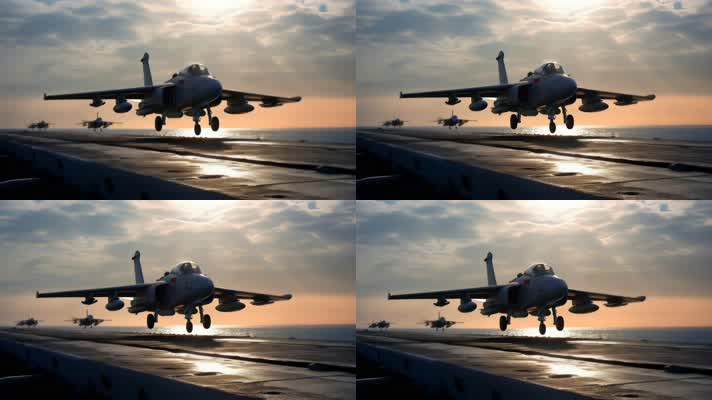 4k战斗机起飞降落夕阳唯美创意素材