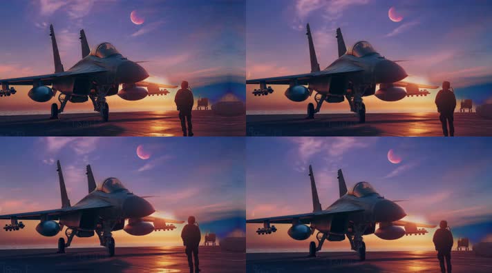 4k战斗机与飞行员夕阳唯美创意素材