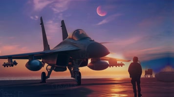 4k战斗机与飞行员夕阳唯美创意素材