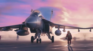 4k战斗机与飞行员夕阳唯美创意素材