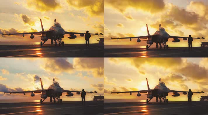 4k战斗机与飞行员夕阳唯美创意素材