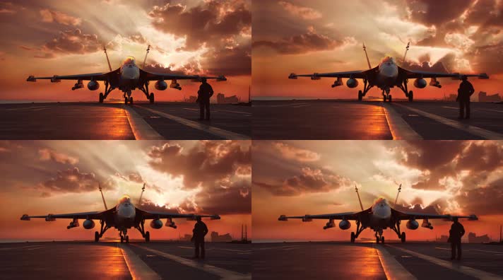 4k战斗机与飞行员夕阳唯美创意素材