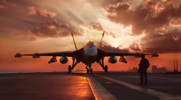 4k战斗机与飞行员夕阳唯美创意素材