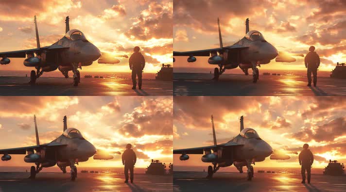 4k战斗机与飞行员夕阳唯美创意素材