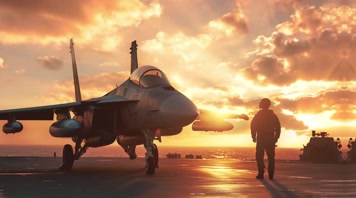 4k战斗机与飞行员夕阳唯美创意素材