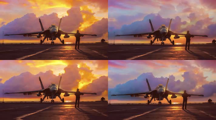 4k战斗机与飞行员夕阳唯美创意素材