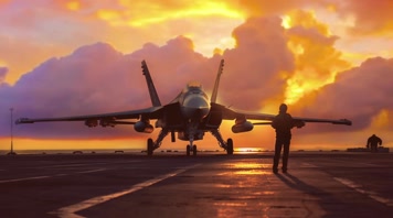 4k战斗机与飞行员夕阳唯美创意素材