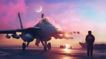 4k战斗机与飞行员夕阳唯美创意素材