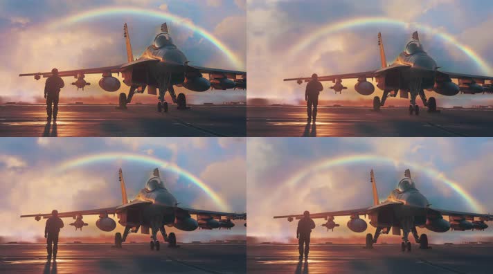 4k战斗机与飞行员夕阳唯美创意素材