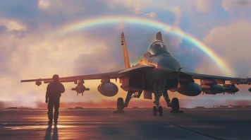 4k战斗机与飞行员夕阳唯美创意素材