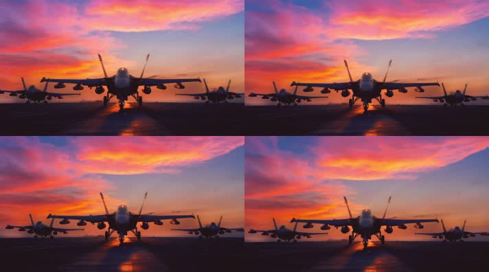 4k战斗机起飞降落夕阳唯美创意素材