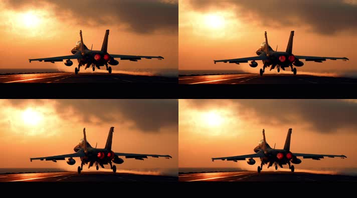 4k战斗机起飞降落夕阳唯美创意素材