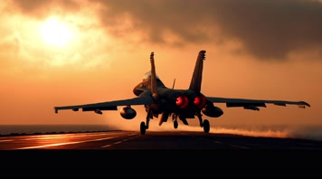 4k战斗机起飞降落夕阳唯美创意素材