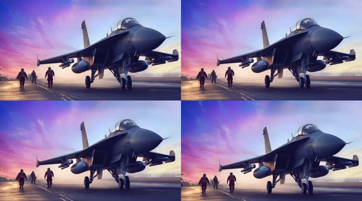 4k战斗机与飞行员夕阳唯美创意素材