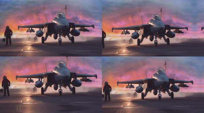 4k战斗机与飞行员夕阳唯美创意素材