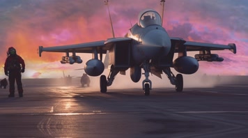 4k战斗机与飞行员夕阳唯美创意素材