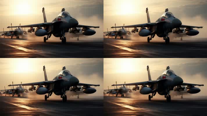 4k战斗机起飞降落夕阳唯美创意素材
