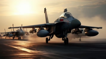 4k战斗机起飞降落夕阳唯美创意素材